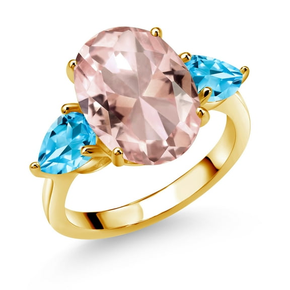 Gem Stone King 18K Yellow Gold Plated Silver Peach Nano Morganite and Swiss Blue Topaz Ring for Women (10.74 Cttw, 14X10MM Oval and 7X5MM Pear Shape, Gemstone October Birthstone, Size 8)