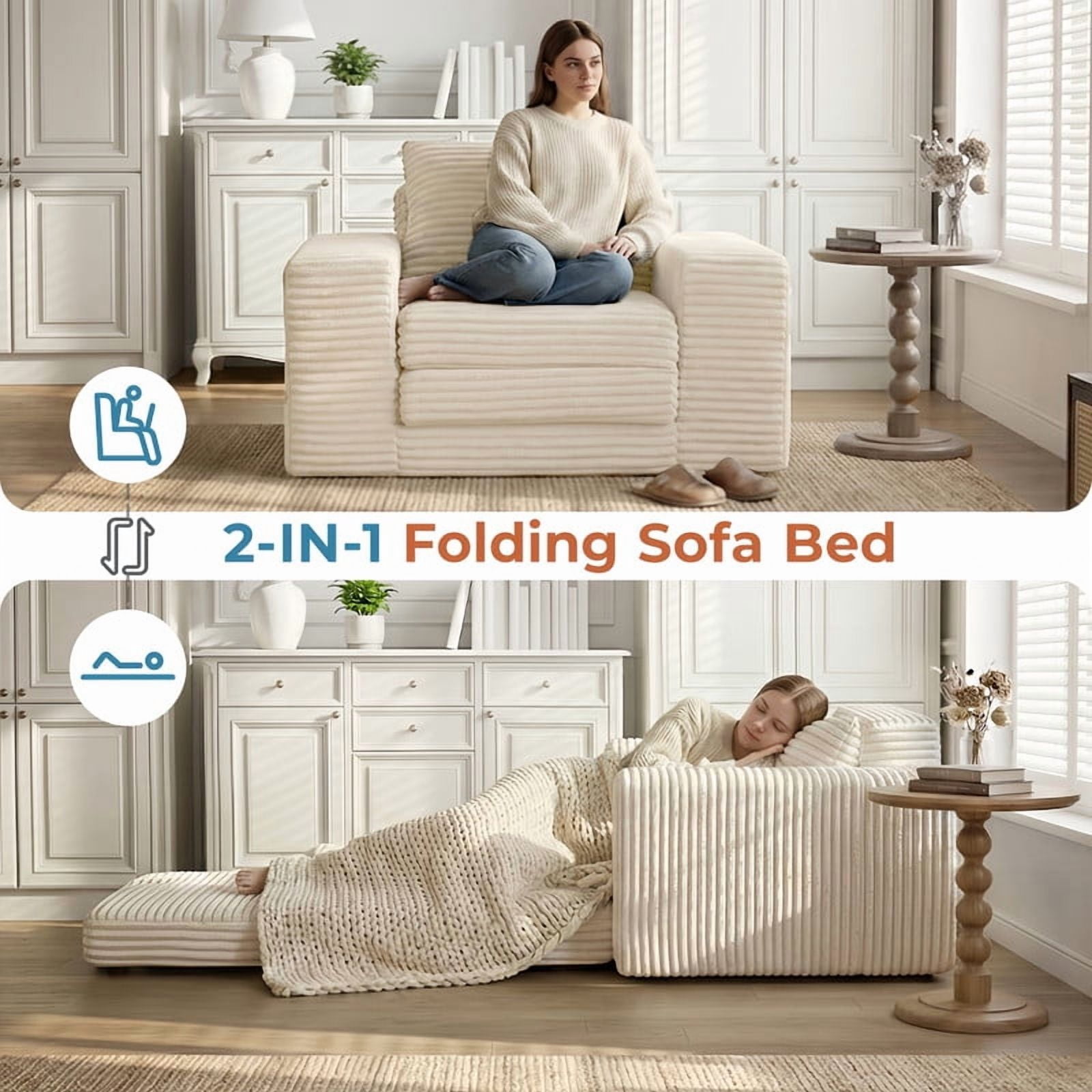 Boneless No Assembly Single Wide Arm Sofa, Memory Foam Convertible Sleeper Chaise Lounge Couch, Accent Chair Sofa Bed