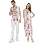 Couple Matching Hawaiian Luau Shirt Maxi Sweet Heart Dress in Pink Hibiscus Vine