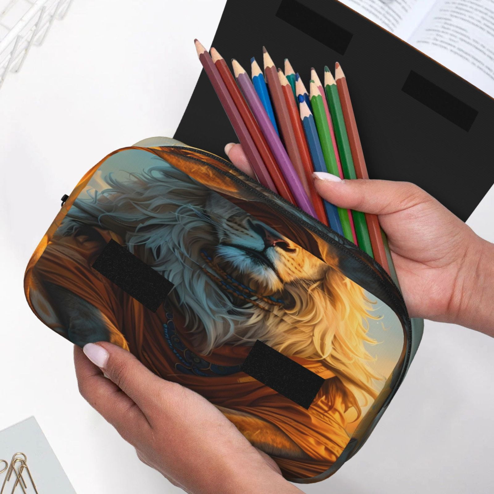 Rateoe Prairie Meditating Lion Pattern Double Clamshell Pen Case, Storage Organizer with Two Zipper Compartments– Holds Up to 50 Pencils & Pens