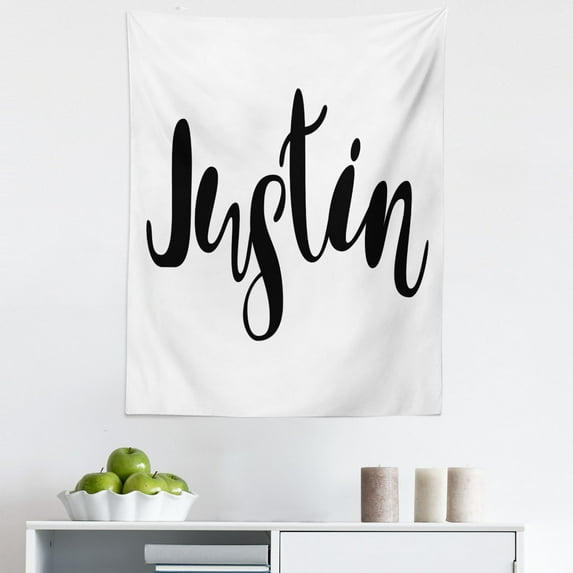 Justin Tapestry, Modern Calligraphy with Popular Male Name Monochrome Hand Lettering Pattern, Fabric Wall Hanging Decor for Bedroom Living Room Dorm, 5 Sizes, Black and White, by Ambesonne
