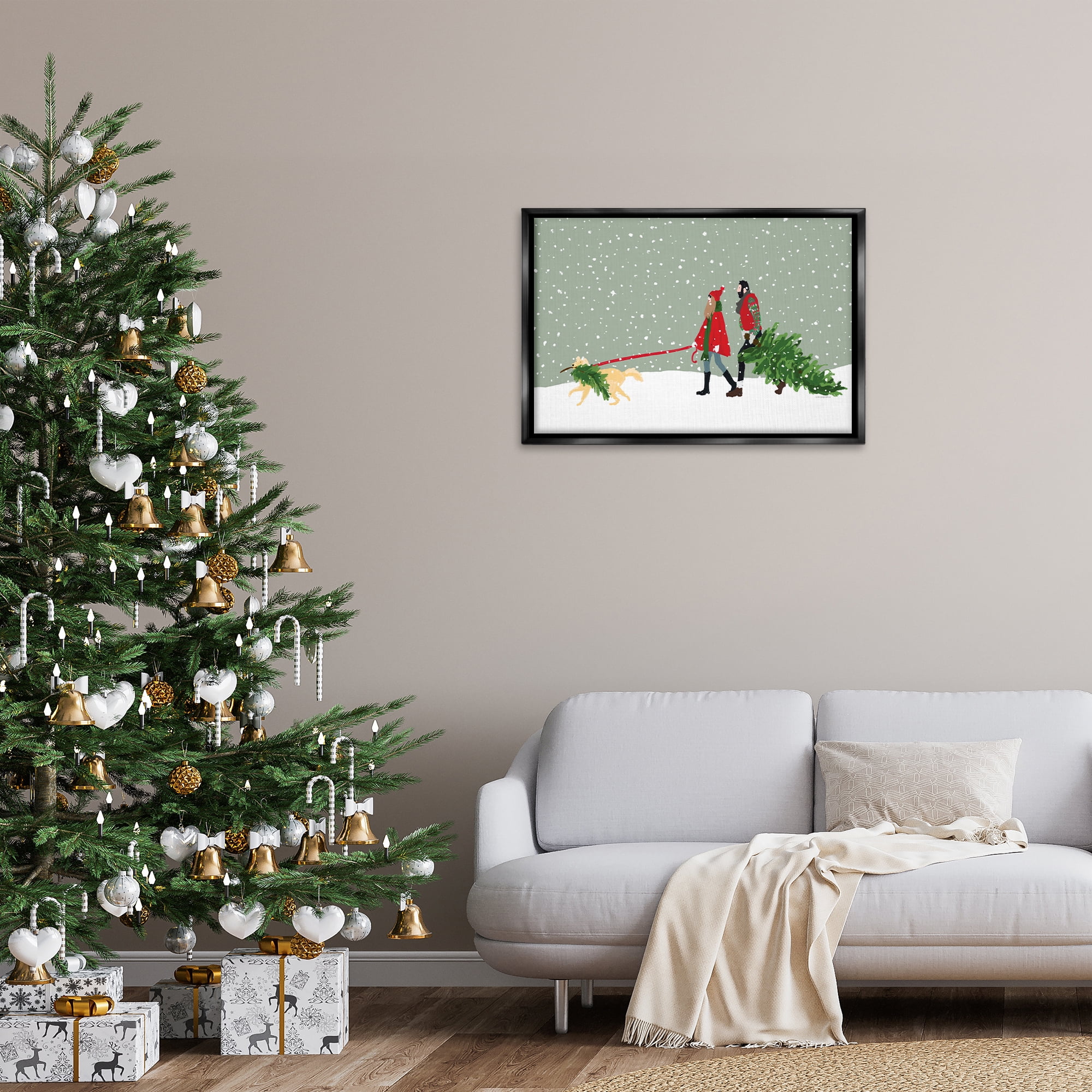 Stupell Industries Couple with Christmas Tree Holiday Painting Black Floater Framed Canvas Art Prints Wall Art, 31 x 21