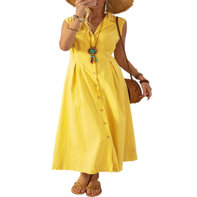 Robe Décontractée Sans Manches à Col en V Boutonnée Robe Midi Évasée d'Été S-3TG