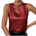 thumbnail image 3 of Women's Shiny Tank Top Solid Color Round Neck Sleeveless Casual Summer Tops Tank Shirts Loose Fit Shiny Blouses Wedding Vest Deep Red XXL, 3 of 9