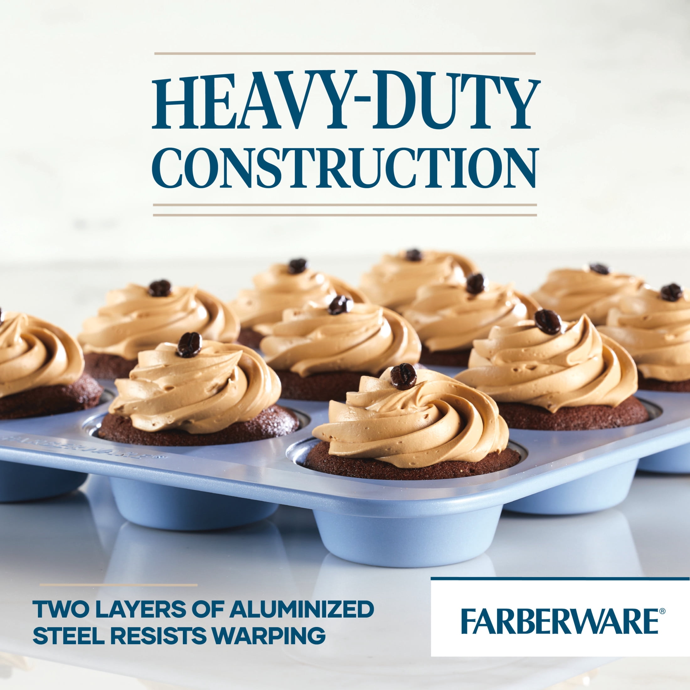 Farberware Easy Solutions 12 Cup Nonstick Bakeware Muffin Pan, Dishwasher Safe and Oven Safe to 450°F, Blue