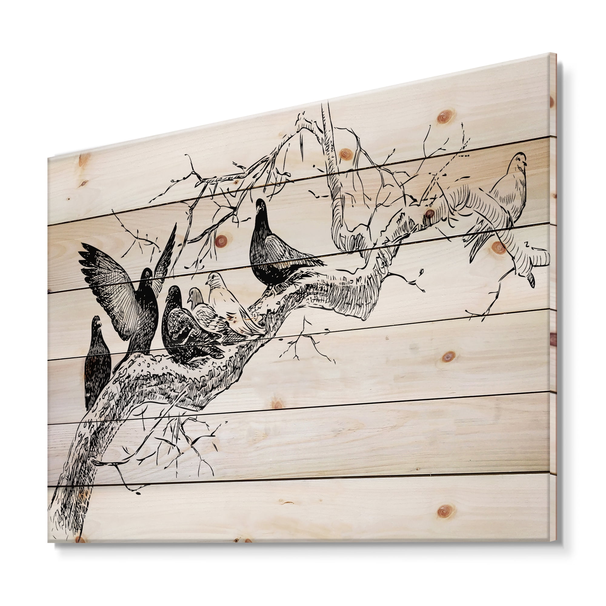 Designart 'Pigeons Sitting On The Tree Branch' Traditional Print on Natural Pine Wood