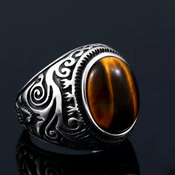 HOOUN Vintage Coffee Stone Ring Stainless Steel Men's Gothic Pattern Tiger Cat Eye Ring-8