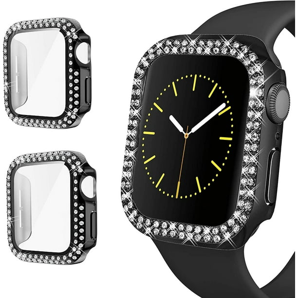 2 Pack Diamond Case Tempered Glass Screen Protector Compatible with iWatch 41mm Series 8 Series 7, Bling Diamonds Hard PC Bumper Protective Cover Compatible with iWatch 41mm (Black/Black)