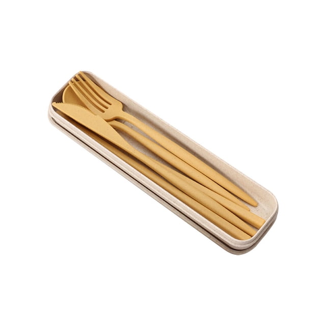 Cateissary ¡Novedad de 2021! Juego de cubiertos de de 4 Uds., cuchillo de paja de trigo, tenedor, palillos, cuchara, vajilla portátil con Mostrada amarillo