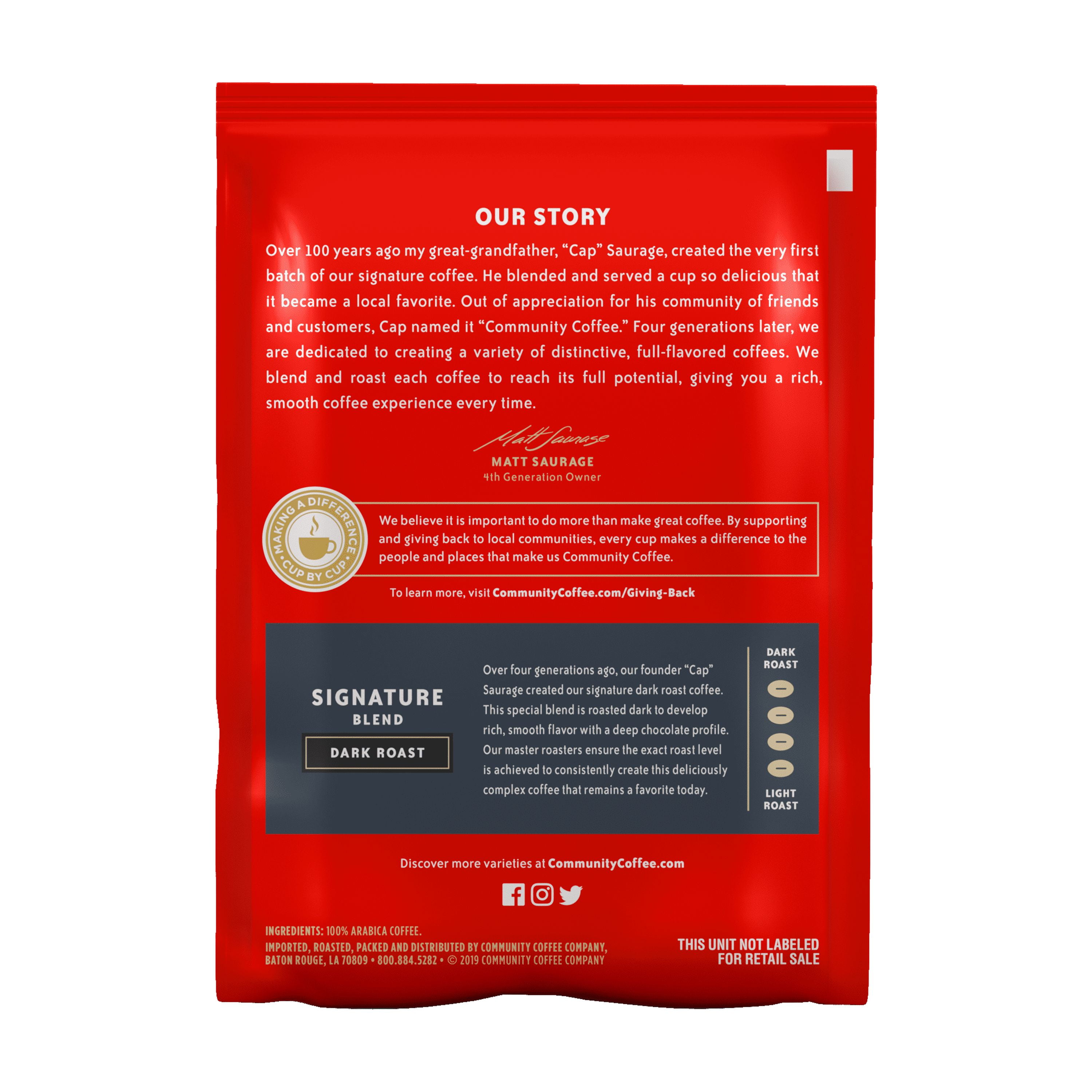Community Coffee Pre Measured 2.5 oz Ground Signature Blend Dark Roast Fractional Packs, 40 Count