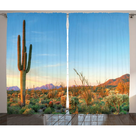 Saguaro Cactus Decor Curtains 2 Panels Set, Sun Goes Down In Desert Prickly-Pear Cactus Southwest Texas National Park, Living Room Bedroom Accessories, By (Best Parks In Texas)