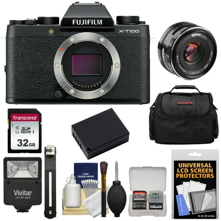 Fujifilm X-T100 Digital Camera Body (Black) with 35mm f/1.7 Lens + 32GB Card + Case + Battery + Flash +
