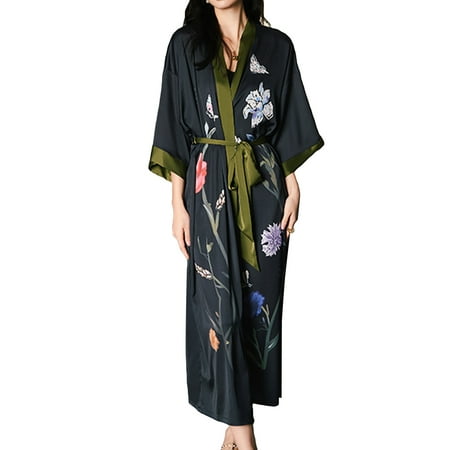 

Homgro Women s Satin Robe Luxury Floral House Light Silky Loose Fit Quarter Sleeve Long Kimono Bathrobe Patterned3 Black One Size