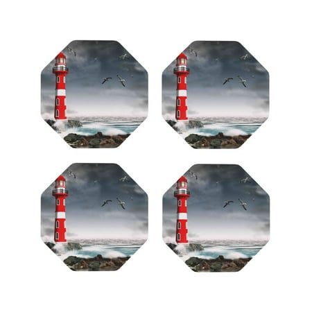 

Tideii 3d Lighthouse in the Surf for Leather Coasters 4 Pieces Anti-fouling and Anti-scalding Decorative Coasters Suitable for Restaurants Kitchens Coffee Shops-Octagon