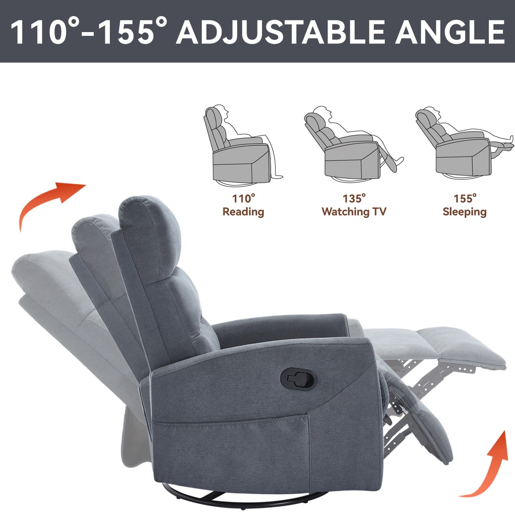 Rocking Recliner Chair, 360° Swivel Rocker Recliner for Adults, Glider Rocking Chair Nursery, Comfortable Lazy Chair Glider Rocker Recliners for Lazy People, Pregnant Women (Grey)