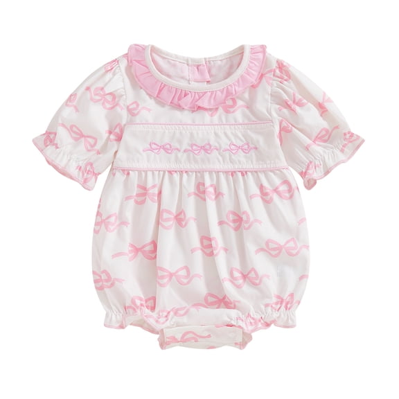Okbabeha Newborn Baby Girl Romper Bow Print Puff Sleeve Smocked Bubble Jumpsuit Bodysuit Clothes
