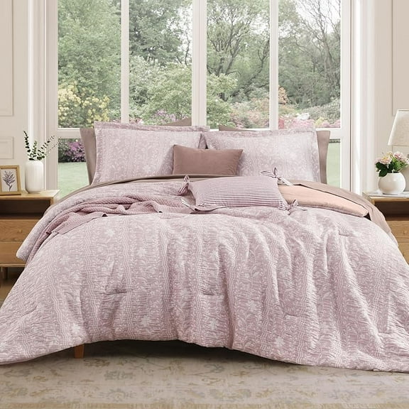 MY Queen Comforter Set -7 Pieces Pink Floral Comforter Set for All Seasons, Bed in a Bag Queen with Botanical Flowers Comforter, Sheets, Pillowcases & Shams