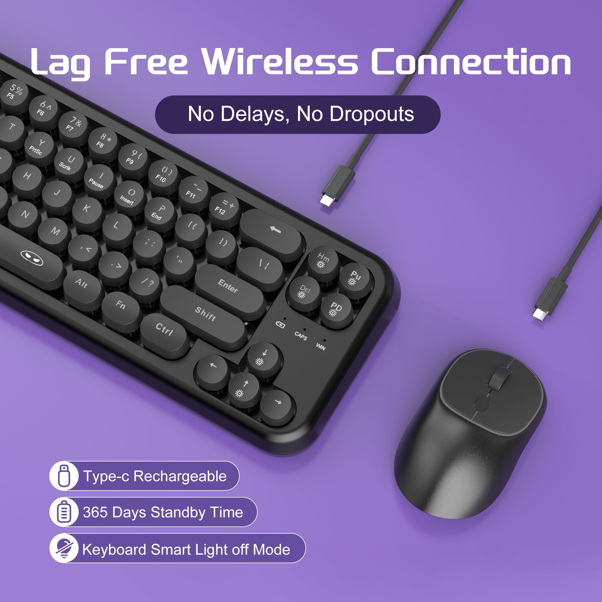 60% Retro Typewriter Round Wireless Keyboard and Mouse,2.4G RGB Backlit Keycaps Compact 68 Keys Keyboard Quiet Light Up Letters with Mouse for Computer Mac Windows PC Laptop