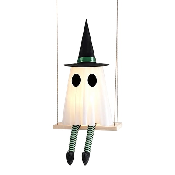 2.8 ft Light-Up Swinging Ghost with Purple Striped Legs & Witch Hat, Spooky Hanging Ghost on Swing Prop for Yard Outdoor Decor, Halloween Decorations & Horror Party Porch Display