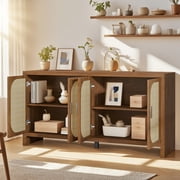 Rattan Sideboard Buffet Cabinet with Storage, Wooden Cabinet with 4 Doors, Kitchen Console Table