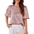 thumbnail image 2 of Women'S Satin Silk Blouses Puff Short Sleeve Dressy Casual Tops Loose Fit Crew Neck Cropped Shirts Pink L, 2 of 10