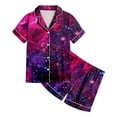 thumbnail image 3 of Pyjamas pour Enfants 2 Pcs Ensembles de Pyjamas en Satin pour Enfants Imprimé Graphique Chemise à Manches Courtes à Boutons Ensemble de Pyjama Fille Violet 4 Ans-5 Ans, 3 of 4
