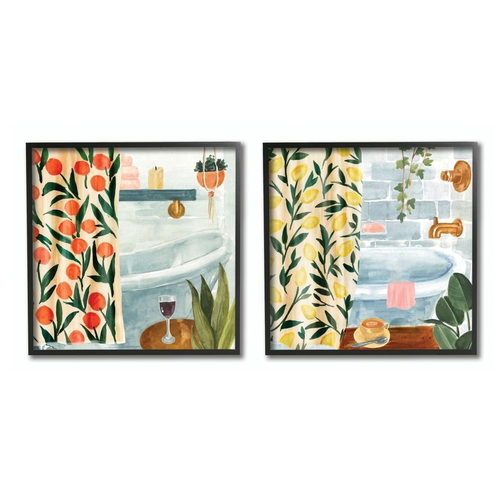 Stupell Industries Bathroom Tub And Curtains Interior Paintings Black Framed Art Print Wall Art Set of 2, 12x12, by Annie Warren