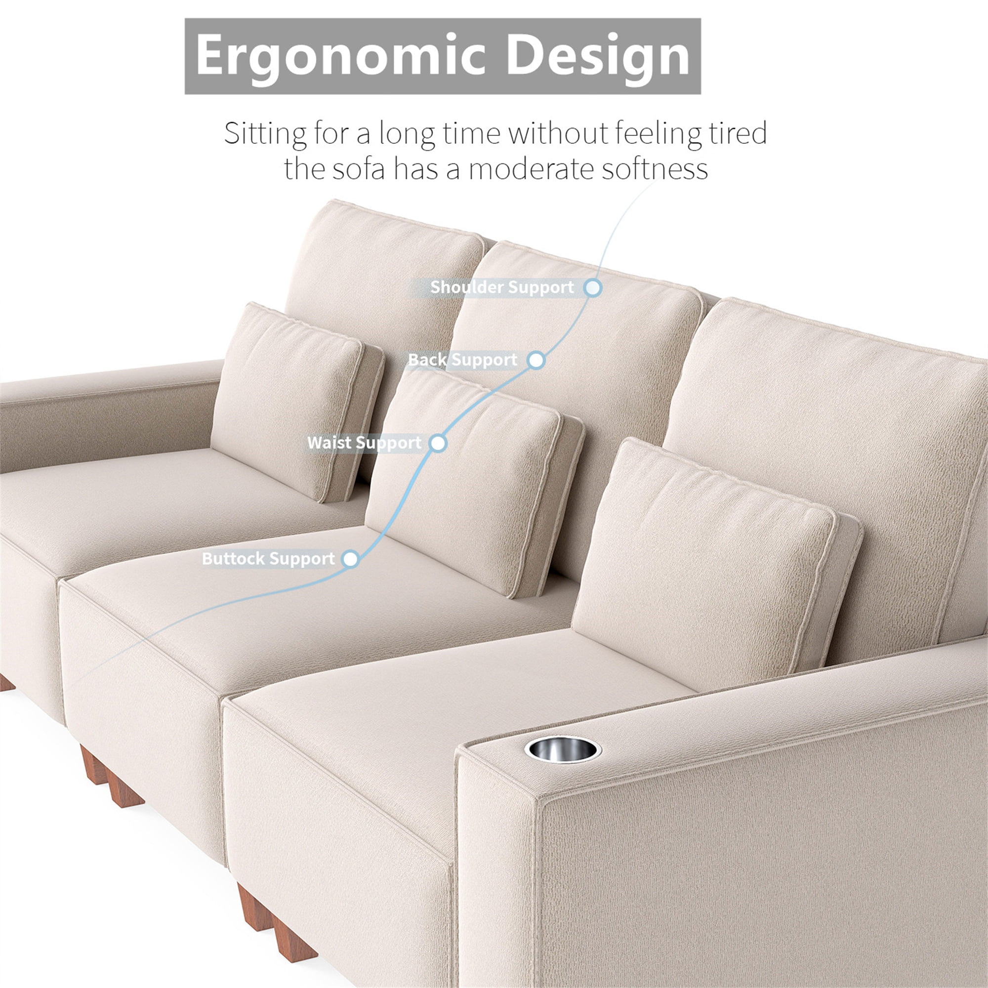 Aukfa 3 Piece Sofa Set - 99" Oversized 3 Seat Couch with Cup Holders&Pillows, Chenille, Beige