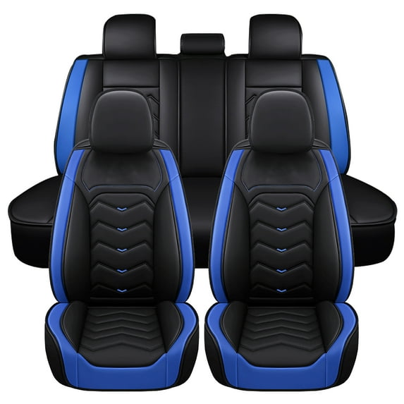 5 Seater Car Seat Covers with Waterproof Pu Leather, Airbag Compatible Automotive Vehicle Cushion Cover Universal fit for Most Cars (Black&Blue Edge)