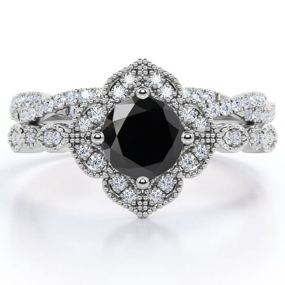 JeenMata Art-Deco Milgrain Floral Cluster 1.5 Carat Round Shape Lab Created Black Diamond and Moissanite Crossover Pave Bridal Ring Set in 18K White Gold Plating over Silver