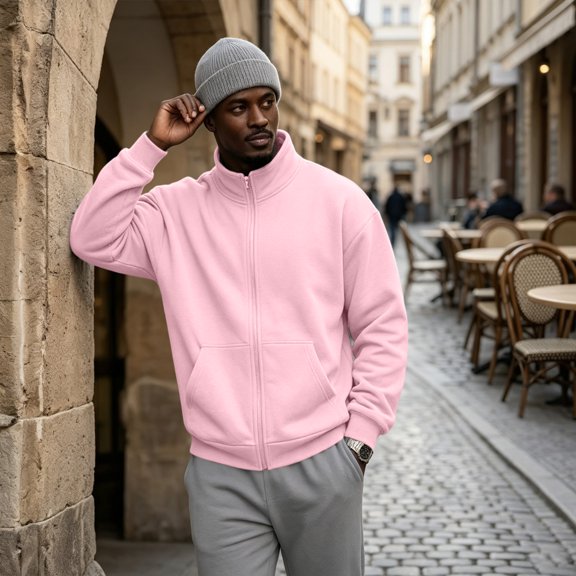 Mens Zip Up Sweatshirt Mock Neck Track Jacket Lightweight Fleece Full Zip No Hood Athletic Casual Long Sleeve shirts with Pocket Pink S