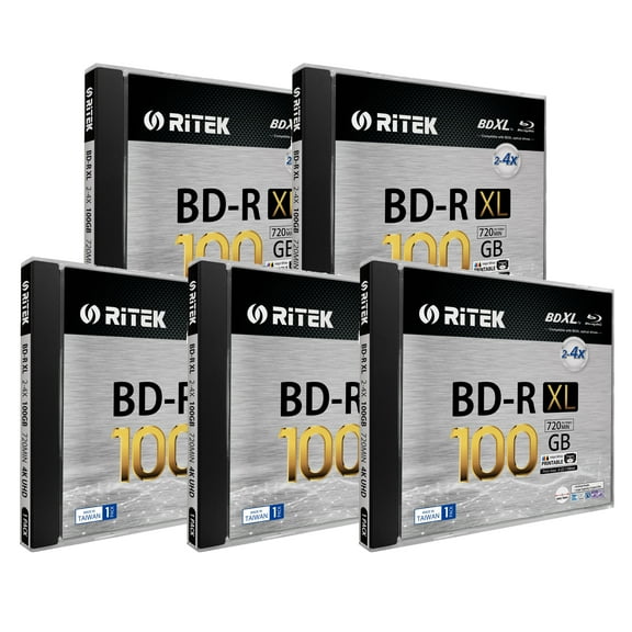 5 Pack Ritek BD-R XL BDXL 100GB Archival Grade Triple Layers 4X White Inkjet Hub Printable Blank Disc w/Standard Jewel Case