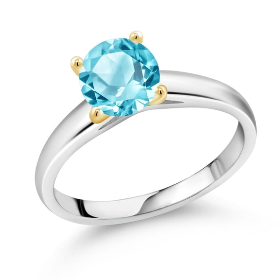 Gem Stone King 1.65 Ct 7mm Round Swiss Blue Topaz 10K White and Yellow Gold Ring Ring (Size 6)