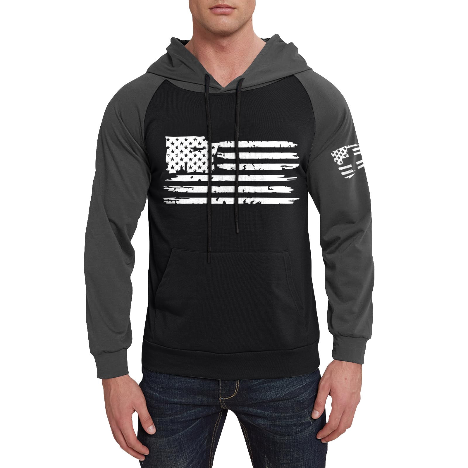 GIPQJK Mens Graphic Hoodies Usa Flag Design Hooded Sweatshirts Multicolor Panel Pullover Tops Casual Loose American Flag Print Patriotic Hoodies Sweatshirts with Pockets,Black 2XL