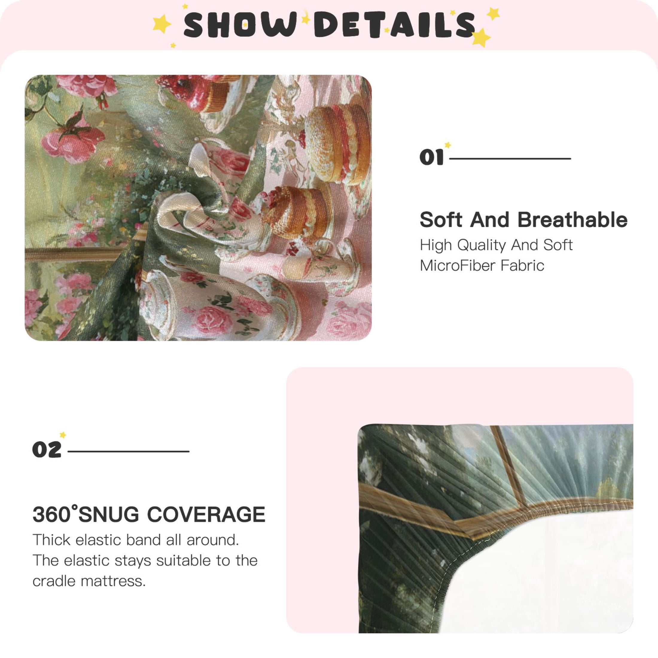 KUANGWANG Ultra Soft Fitted Microfiber Crib Sheets for Newborn Baby Boys Girls Tea Set with Roses Design Cute Pattern