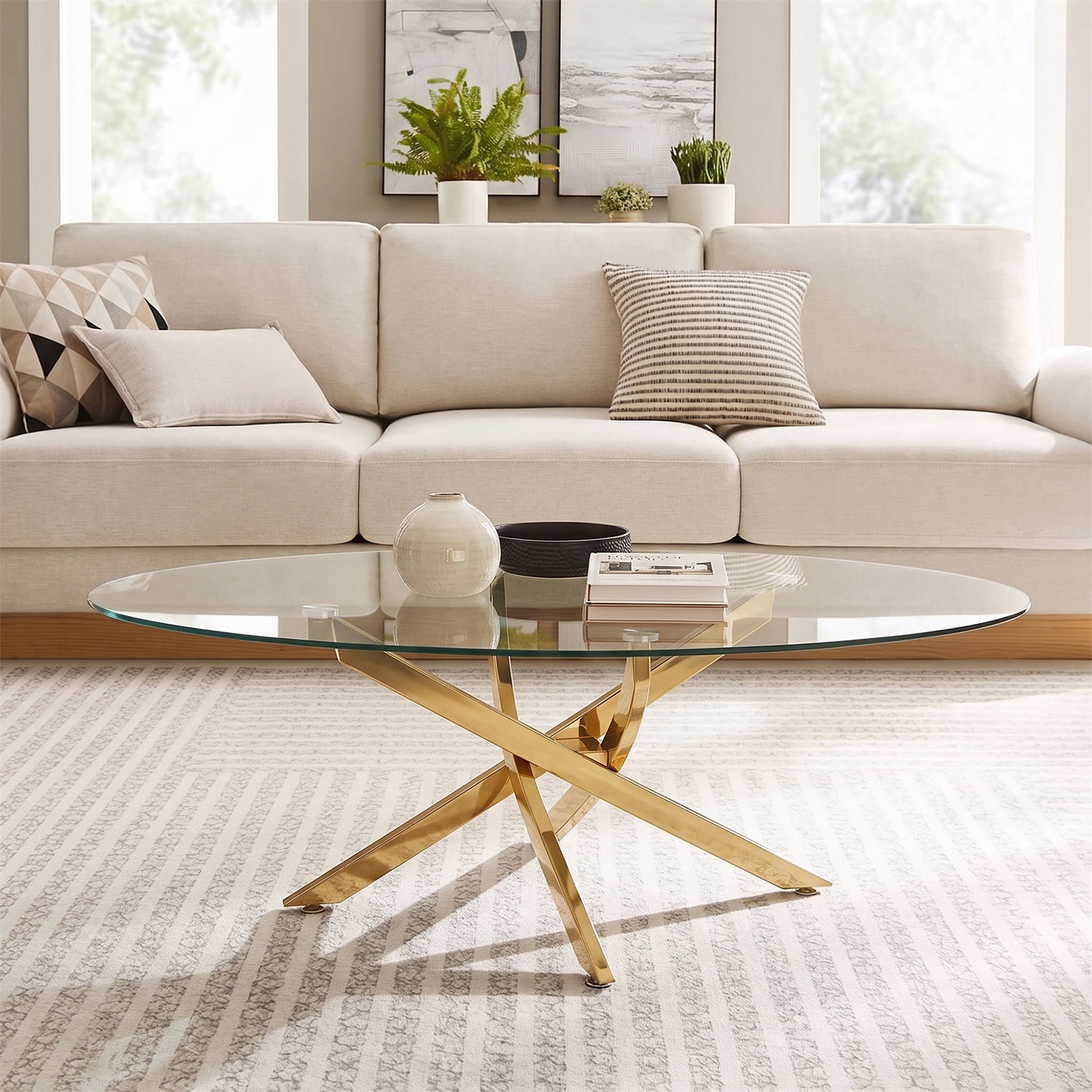 Hommoo Modern Oval Glass Coffee Table with Metal Legs, 39.4" Tempered Glass Living Room Side Table, Stylish & Sturdy Minimalist Design, Gold