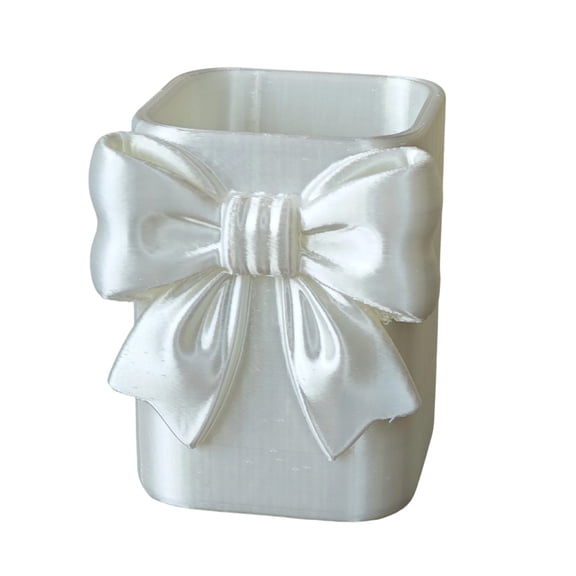Pen Holder Cute Elegant Pearl Bow Desk Organizer Storage Bucket for Pens, Makeup Brushes, Office Supplies, Home Office Vanity Decor