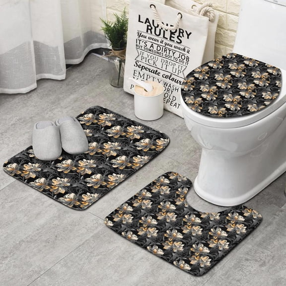 Pioneer Flower Floral Print Pattern Bathroom Rugs Sets 3 Piece,Toilet Cover Set,Absorbent Non Slip Bathroom Mats Sets with U-Shaped Contour Rug Toilet Rug Set