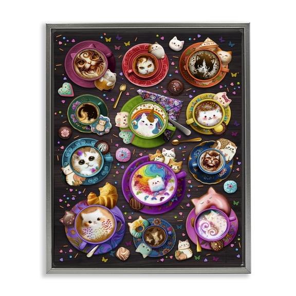 Stupell Industries Bohemian Cat Lattes & Coffee Gray Floating Frame Canvas Art, 17 x 21, by Brigid Ashwood