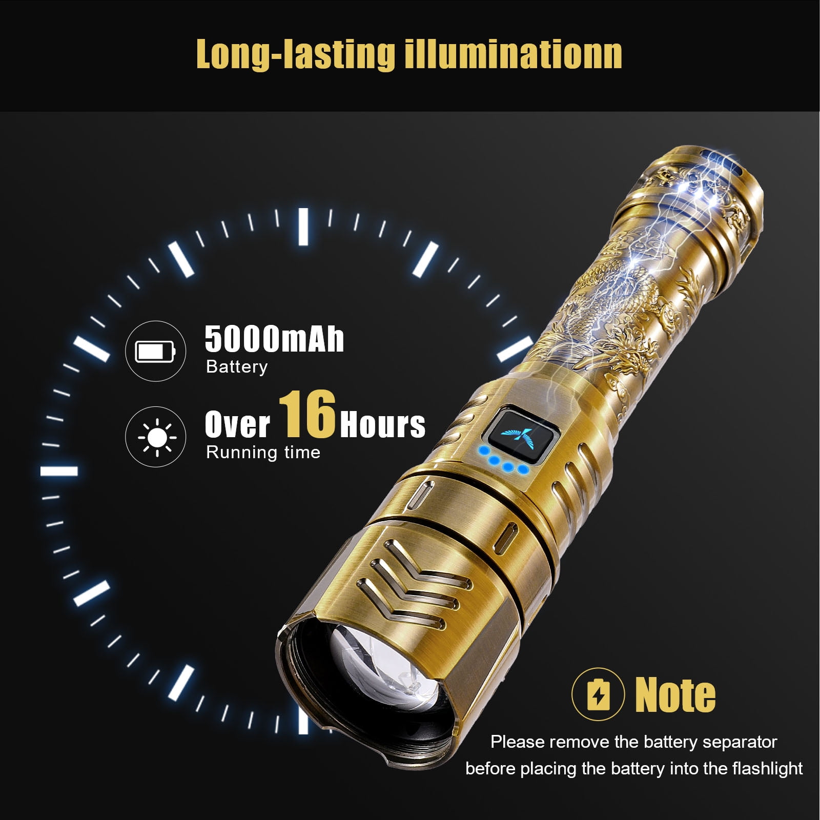 SKYFIRE LED High-brightness Gold Dragon Pattern Flashlight, 4000mAh rechargeable flashlight with ignition lens, zoom function, four modes, suitable for camping, outdoor and household use