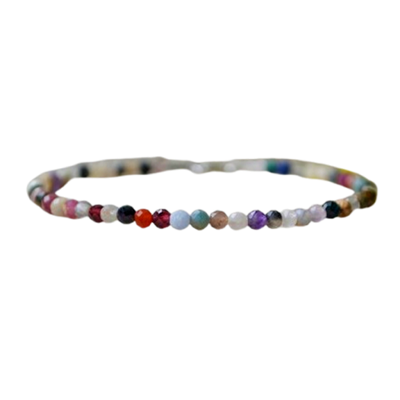 Multi Gemstone 3mm Round Shape Faceted Cut Beads 7 inch Silver Plated Clasp Bracelet for men, women, unisex. Link Chain Stacking Bracelet.|LINK_04896