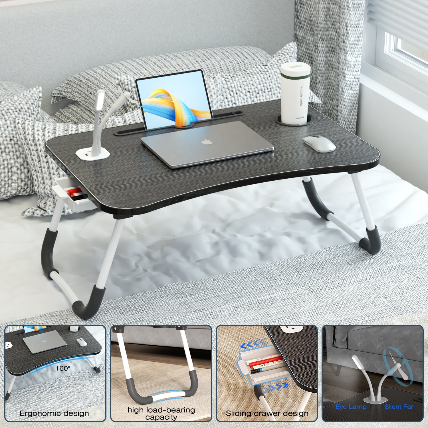 Foldable Laptop Desk for Bed, Bed Tray Table with 4 USB Ports, Cup Holder and Draw, Bed Standing Table for Working Reading Writing, Eating for Bed Sofa Couch Floor, with Mini Lamp & Fan