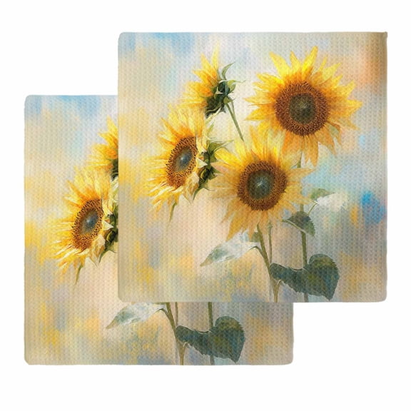 Sunflower Kitchen Dish Towels for Drying Dishes Set of 2, Watercolor Yellow Floral Botanical Waffle Weave Microfiber Hand Tea Bathroom Towels Quick Dry & Absorbent Towel 12x12
