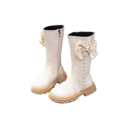

Harsuny Girls Riding Boot Plush Lined High Calf Bootie Faux Leather Fashion Boots Walking Bowknot Comfort Winter Shoes Princess Booties Plush Lining White 2.5Y