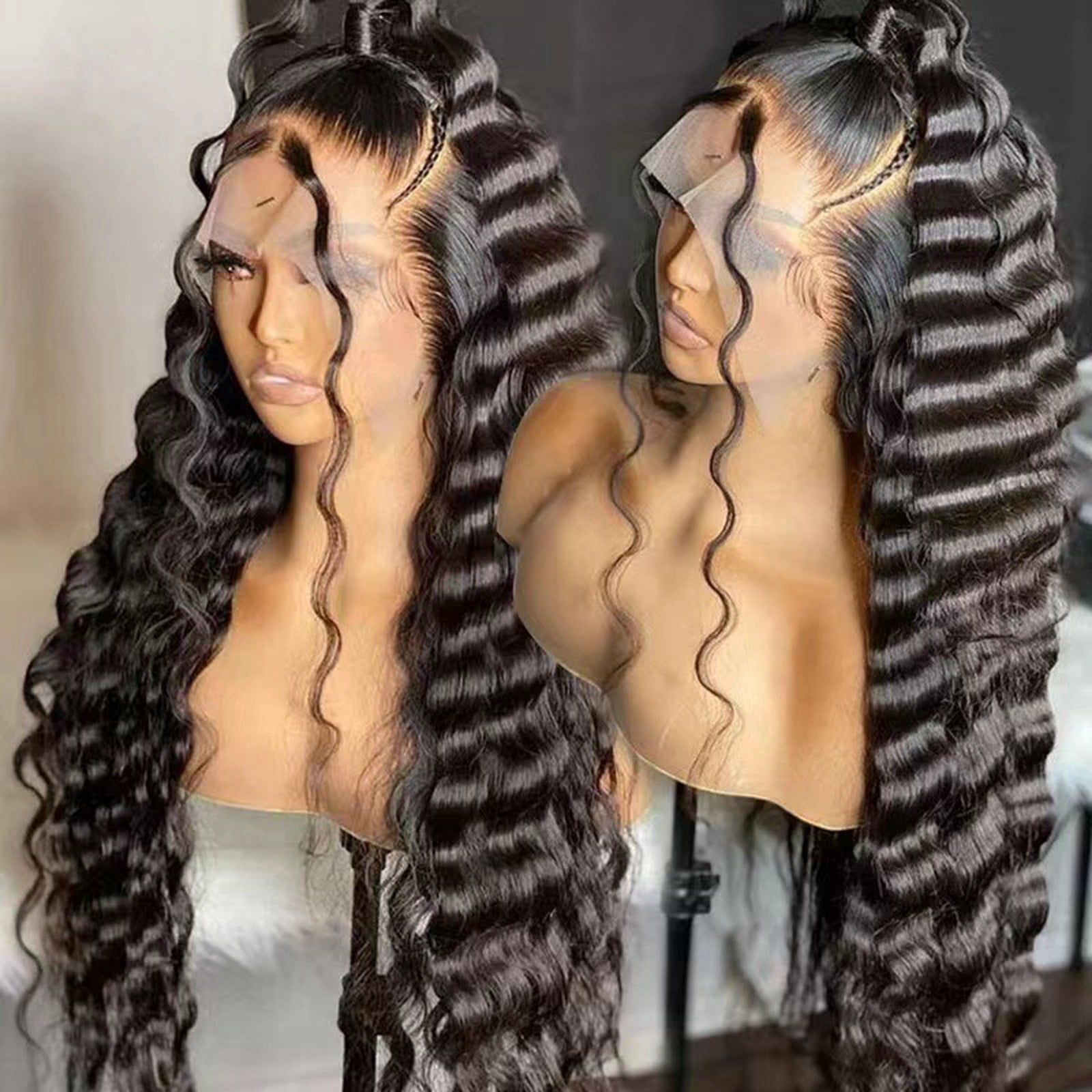 Long Deep Curly Front Lace Wig for Women Natural Looking Human Hair Extension with Hairline Full and Thick Design