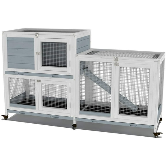 GDLF Two Floors 58" Wooden Indoor Rabbit Guinea Pig Pet Cage on Wheels Waterproof