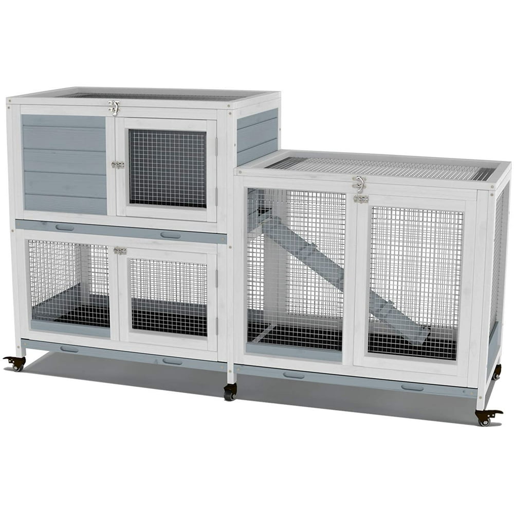 GDLF Two Floors 58" Wooden Indoor Rabbit Guinea Pig Pet Cage on Wheels
