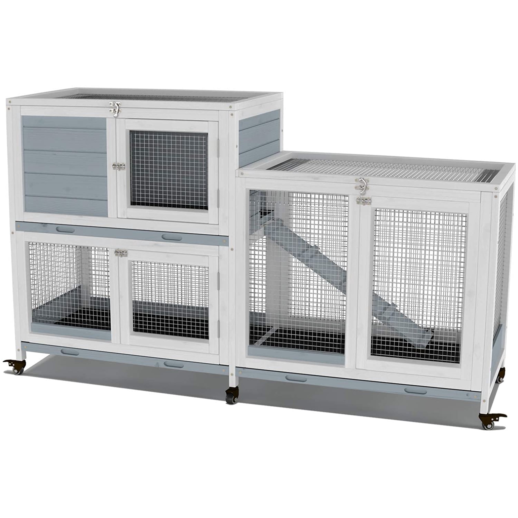 GDLF Two Floors 58" Wooden Indoor Rabbit Guinea Pig Pet Cage on Wheels Waterproof