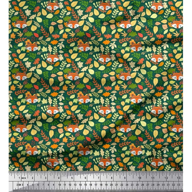 Soimoi Rayon Fabric Leaves & Fox Face Cartoon Print Fabric by Yard 42 Inch Wide