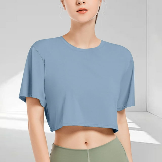 Ovbmpzd Blue Ladies Tops Cropped Short Sleeve Yoga Solid T-Shirt Womens Shirts S